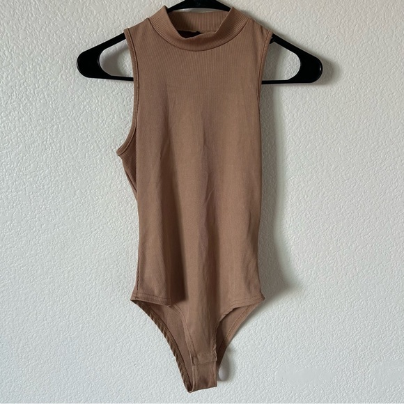 Tops - Tan Sleeveless Ribbed Turtle Neck Bodysuit One Piece